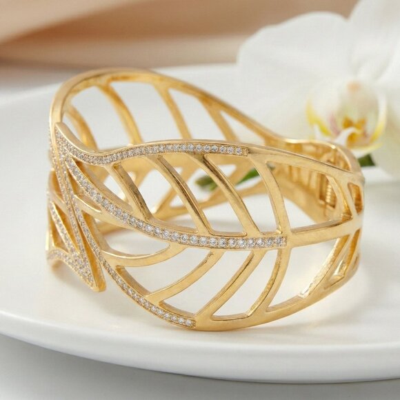 Gold Leaf Cuff Hinged Bracelet | 18K Gold Plated Stainless Steel | Sparkling - Picture 6 of 10